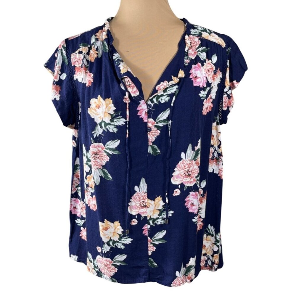 Buffalo David Bitton Top Floral Cap Sleeve Popover Blue Pink L Large